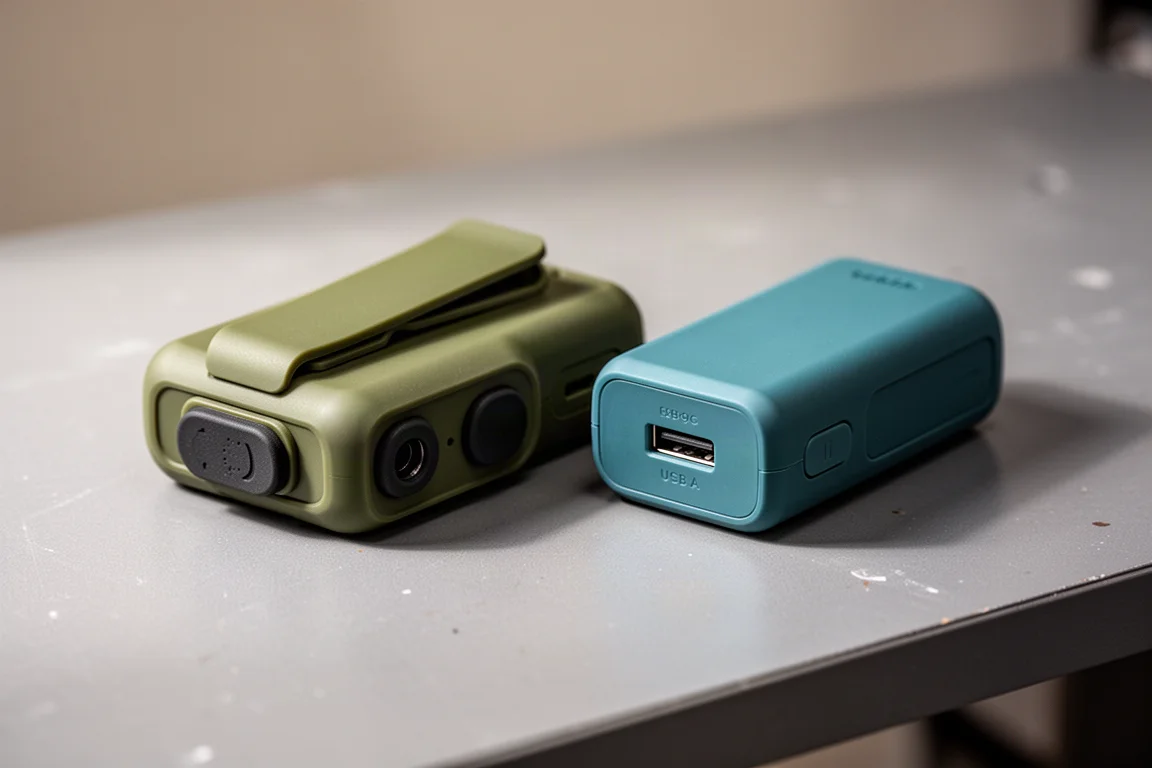 兩款 USB 電池轉接器並排放在工作台上作比較