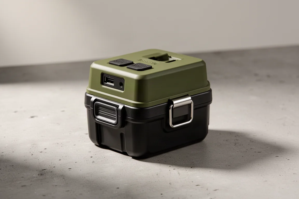 Olive green USB battery adapter topper with belt clip on concrete surface