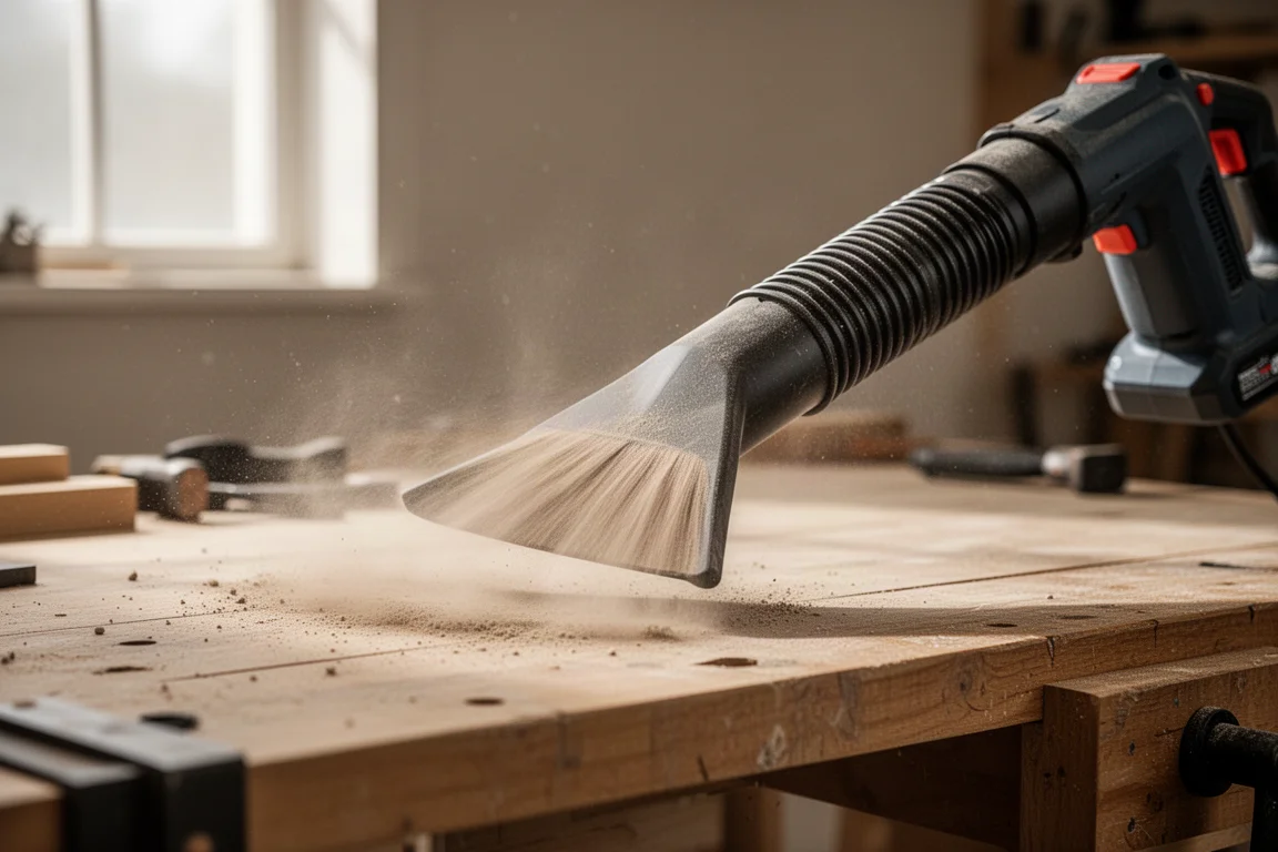 Boquilla ancha flexible en un soplador inalámbrico barriendo polvo por una mesa de taller