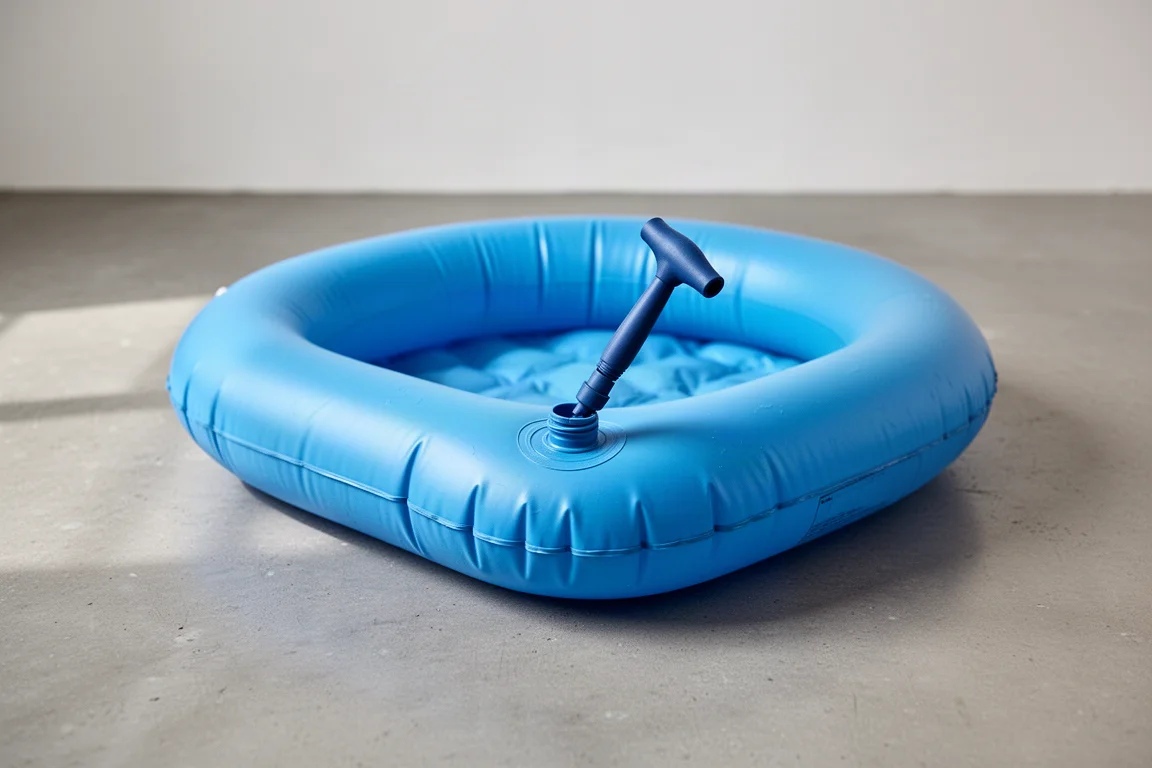 Juguete de piscina hinchable siendo inflado por la boquilla infladora del soplador