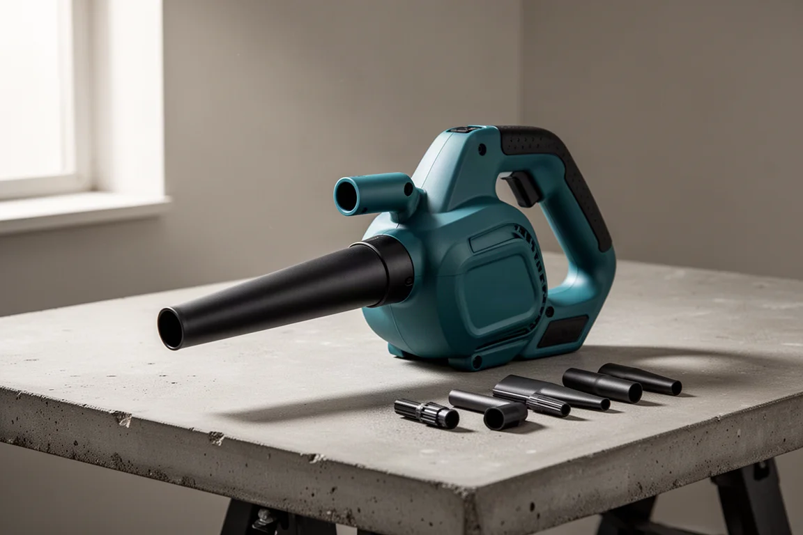 Makita AS001G cordless blower with nozzle attachments on a concrete workbench