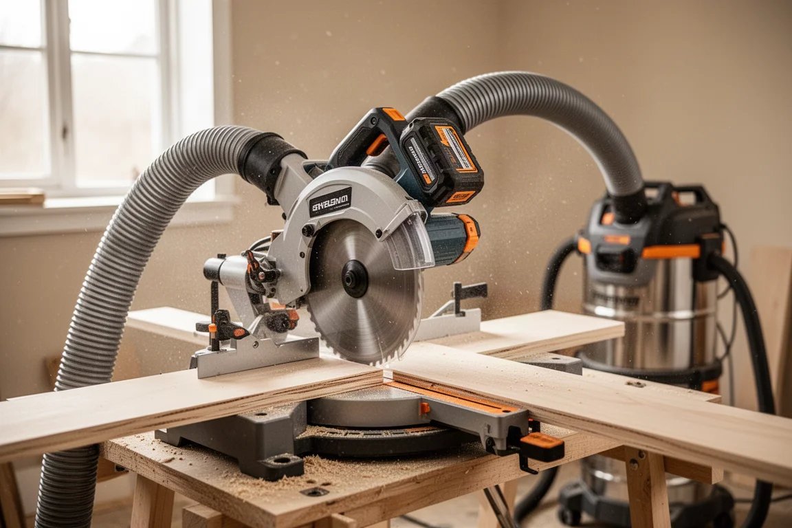 Cordless miter saw cutting a board in a workshop with dust collection hose attached
