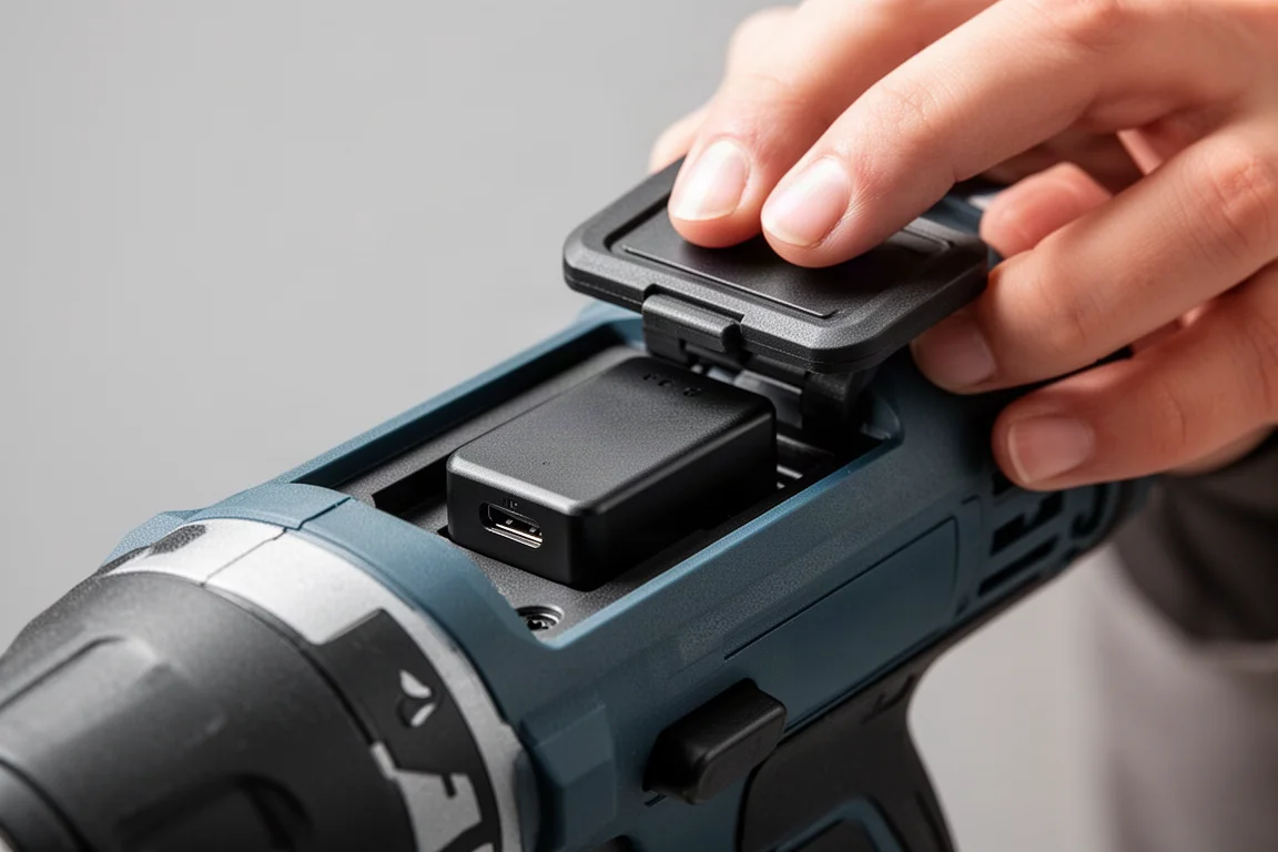 Close-up of a small wireless module slid into place on a power tool body