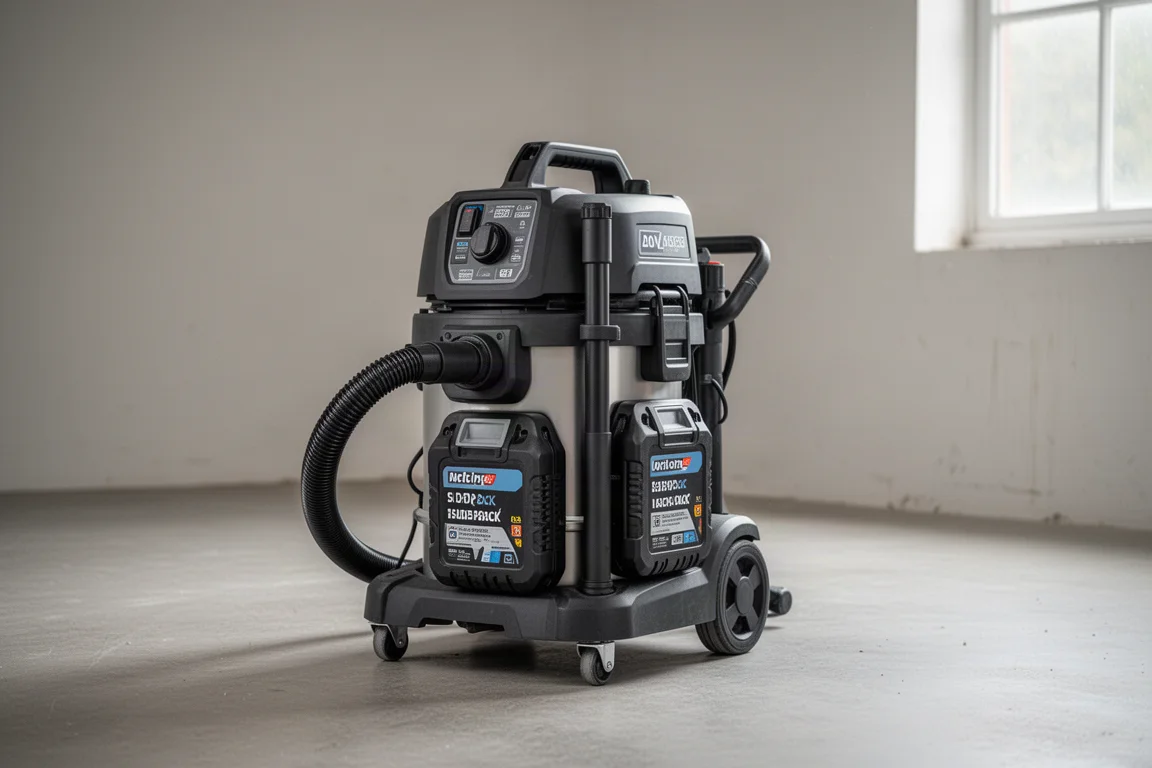 Cordless dust extractor running with two large batteries installed on a workbench