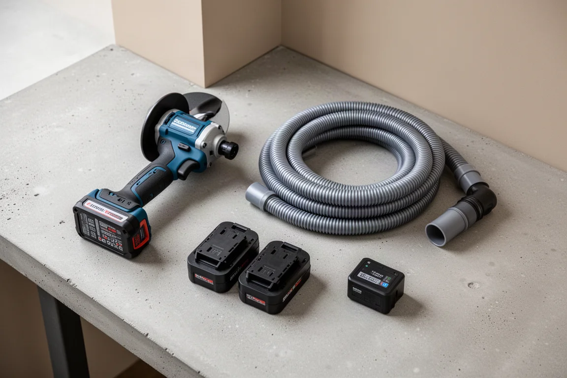 Workbench overhead scene with miter saw, grinder, and vacuum hose laid out together