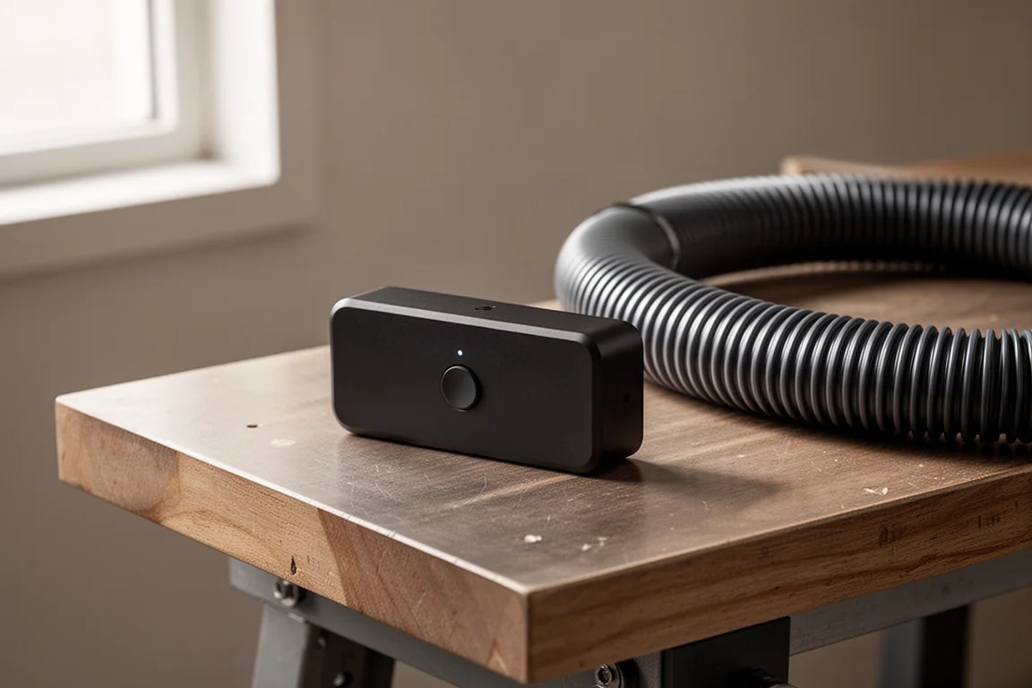 Small black wireless module resting on a workbench beside vacuum hose