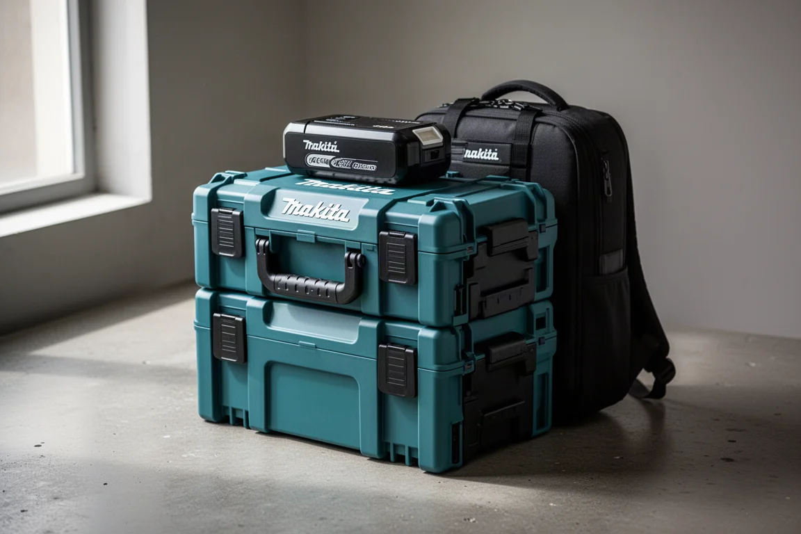 Stackable inverter case and backpack battery on a concrete workshop surface