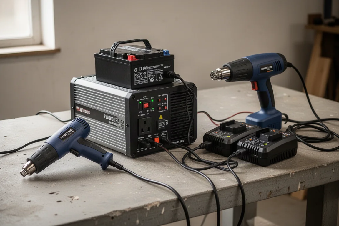 Inverter di potenza portatile che alimenta una pistola termica e utensili su un banco di lavoro