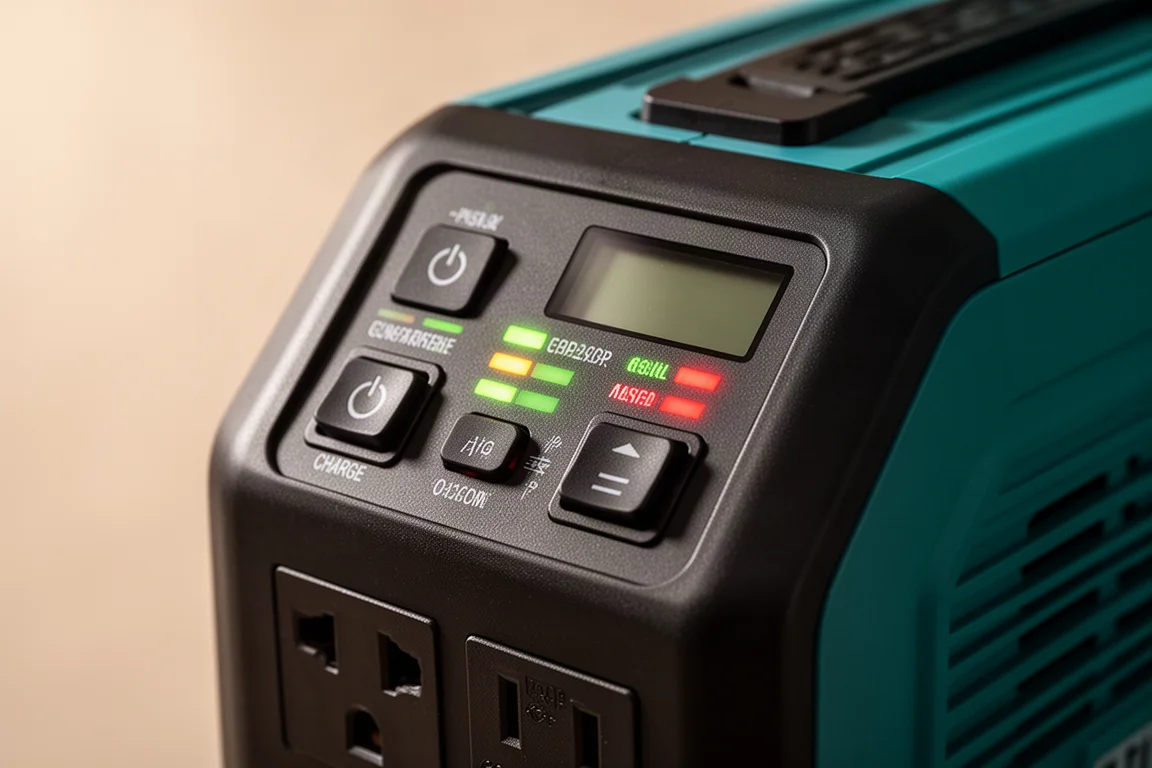Primo piano del pannello di controllo di un inverter con spie di ricarica