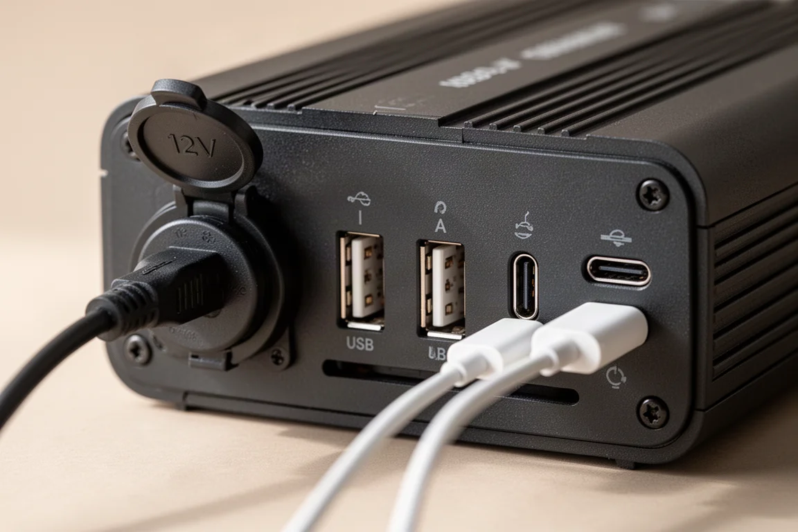 Porte della centrale elettrica tra cui presa 12V, porte USB-A e USB-C in uso