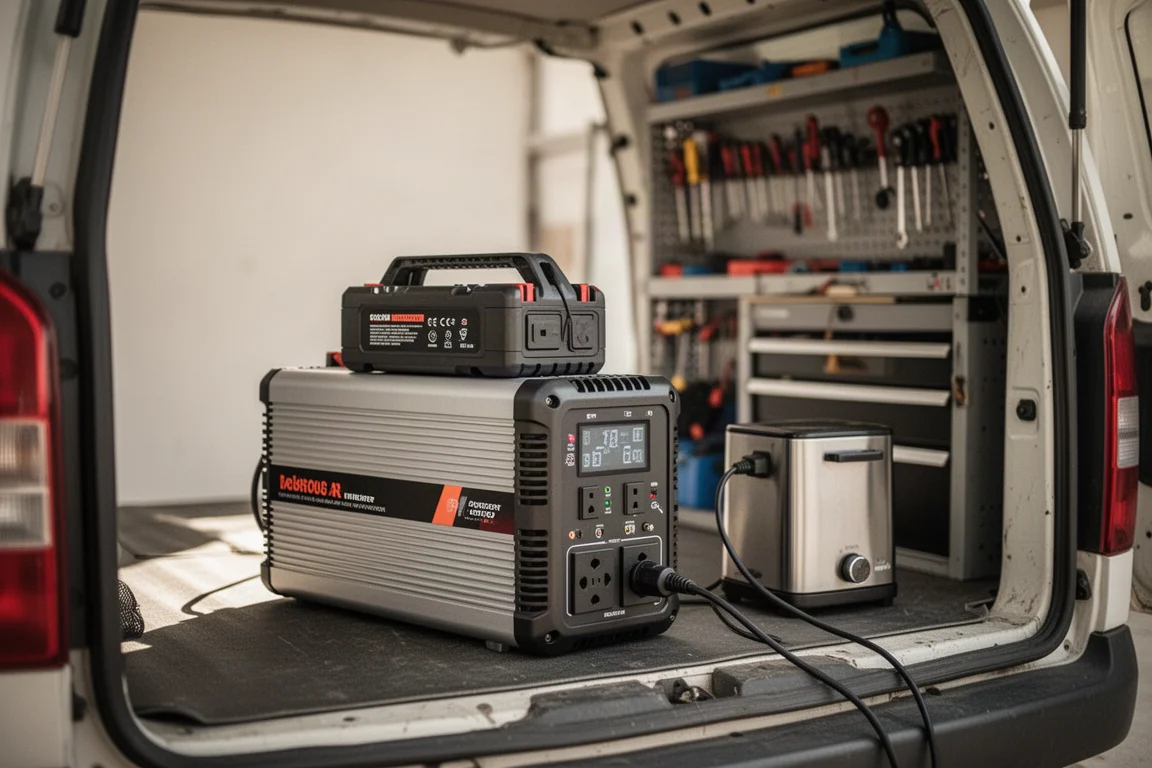 Inverter di potenza portatile silenzioso sul retro di un furgone da lavoro
