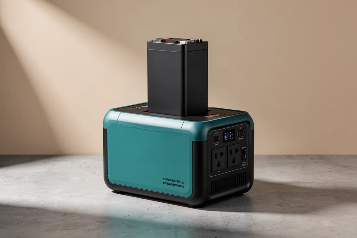 Makita BAC01 power inverter with battery pack mounted on top, on a concrete surface