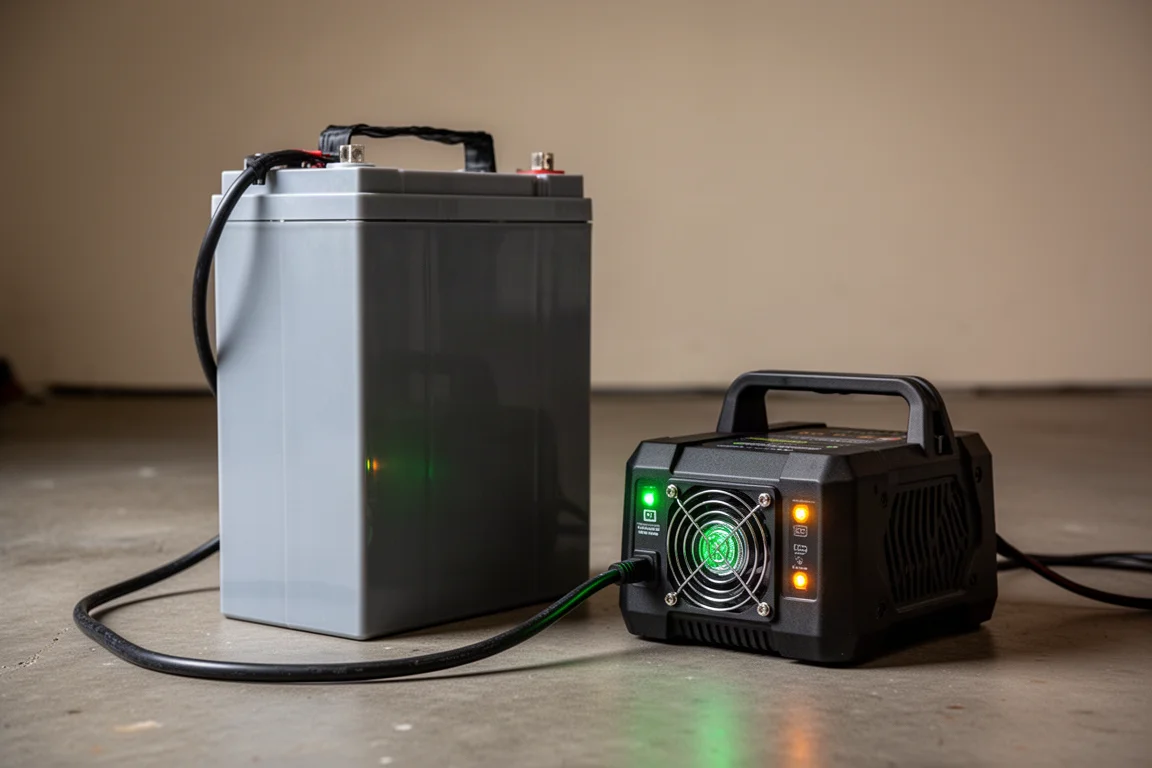 大型密封电池包放在专用充电器上,指示灯亮起
