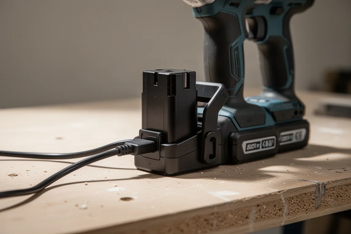 Adapter geklikt in de accupoort van een gereedschap met een kabel die eraan vast zit