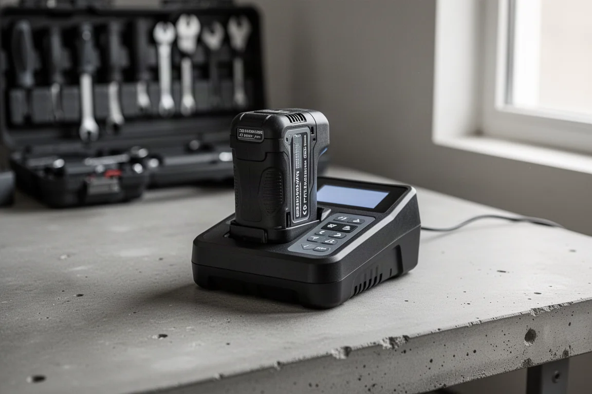 Batteria per utensile elettrico a batteria inserita in un dispositivo diagnostico su un banco da lavoro