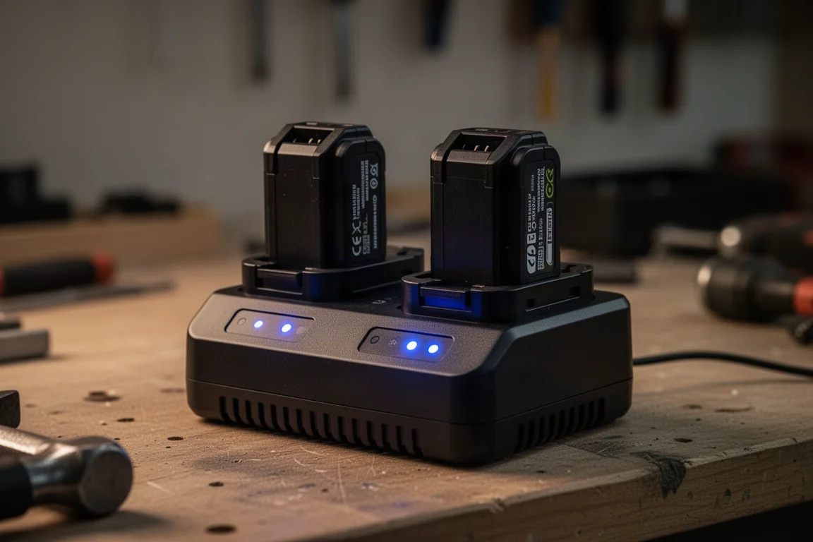 Batteria appoggiata su un caricatore doppio con spie blu accese