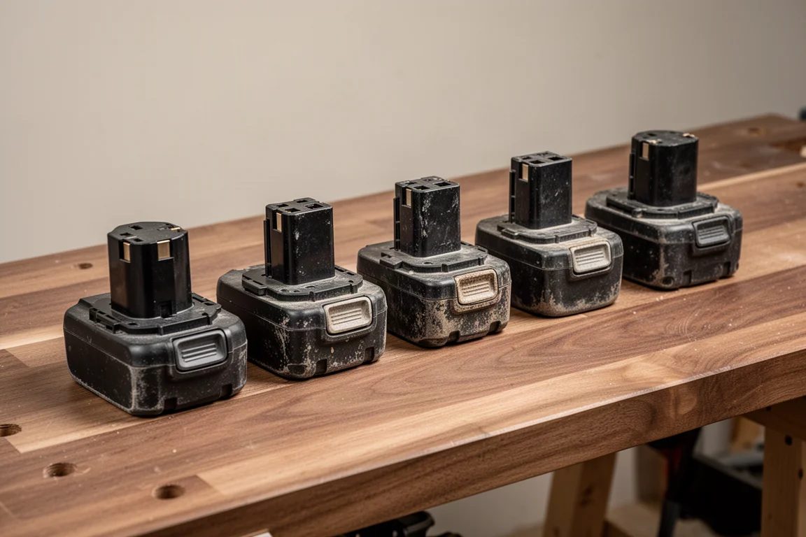 Fila di batterie per utensili a batteria allineate su un banco di officina