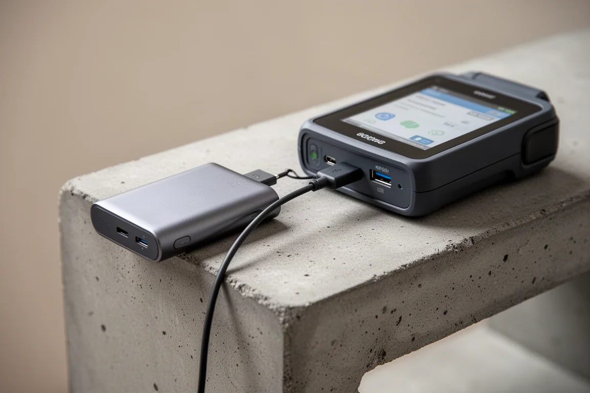 Piccolo power bank collegato tramite cavo a un dispositivo diagnostico su un banco