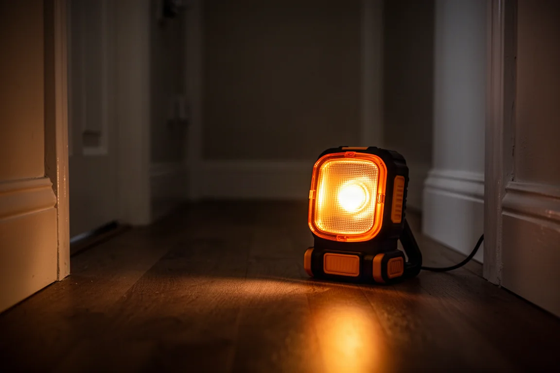 Luce da lavoro a batteria con lente arancione che illumina delicatamente in un corridoio buio