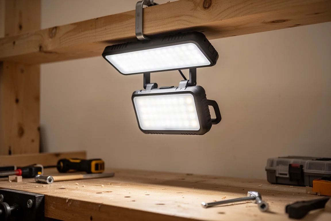 Superfici LED superiore e frontale di una luce da lavoro che illumina un banco dall'alto