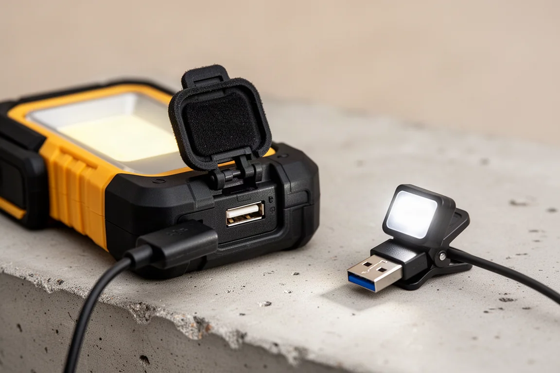 Porta USB-A su una luce da lavoro che alimenta una piccola luce USB a clip