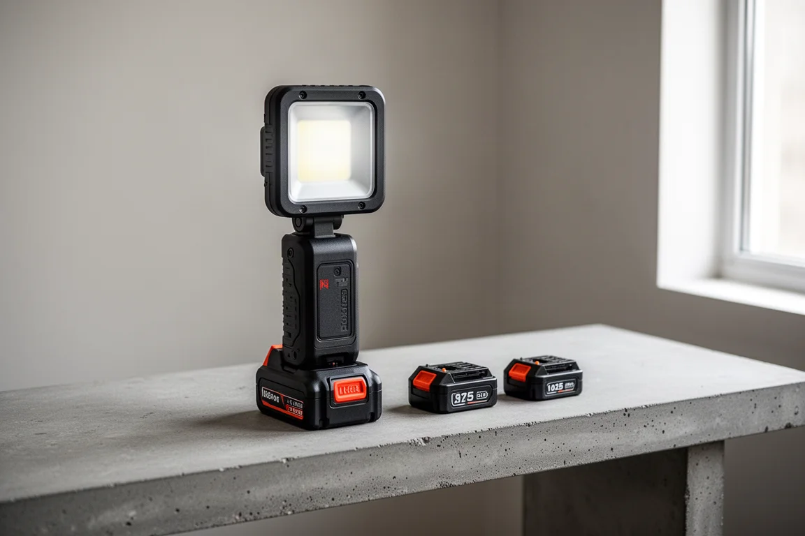 Luce da lavoro a batteria con un grande pacchetto batteria su un banco accanto a batterie più piccole