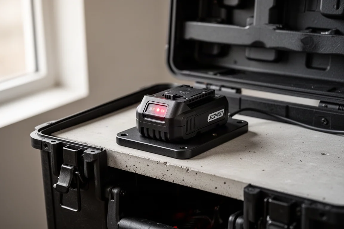 Płytka adaptera z kompaktowym akumulatorem 18V umieszczonym na półce etui-ładowarki