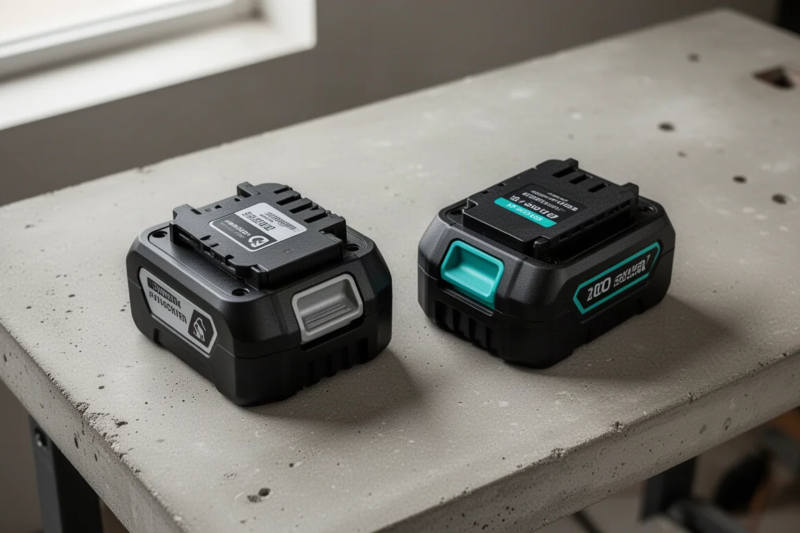 Zwei schwarze Akku-Packs für Elektrowerkzeuge nebeneinander auf einer Werkbank