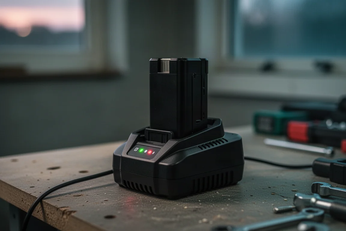 Akku-Pack lädt an einem Schnellladegerät mit leuchtenden Anzeige-LEDs