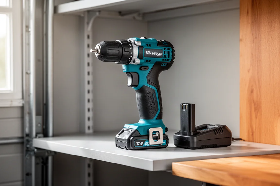 Taladro inalámbrico compacto de 12V apoyado en una repisa de garaje junto a pequeños accesorios de herramientas