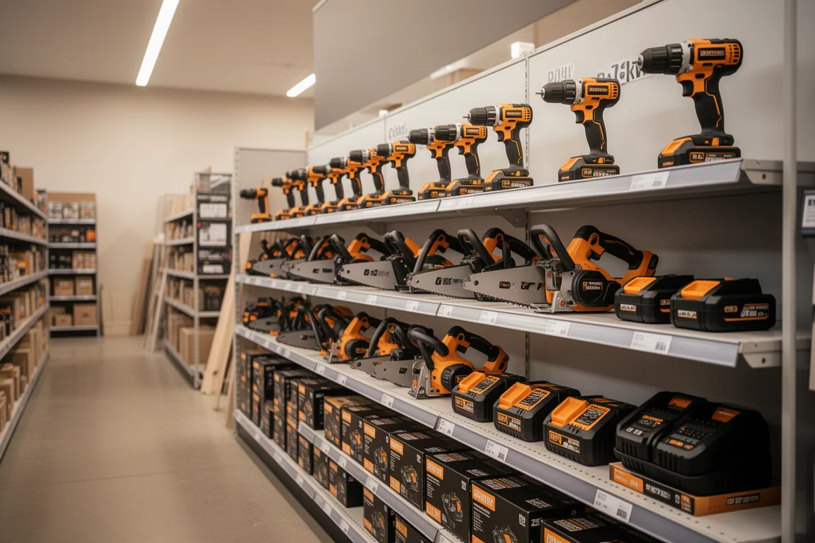 Espace de présentation d'outils électriques sans fil dans un magasin de bricolage