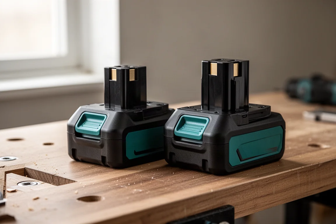 Gros plan sur deux batteries d'outils sans fil posées sur un établi