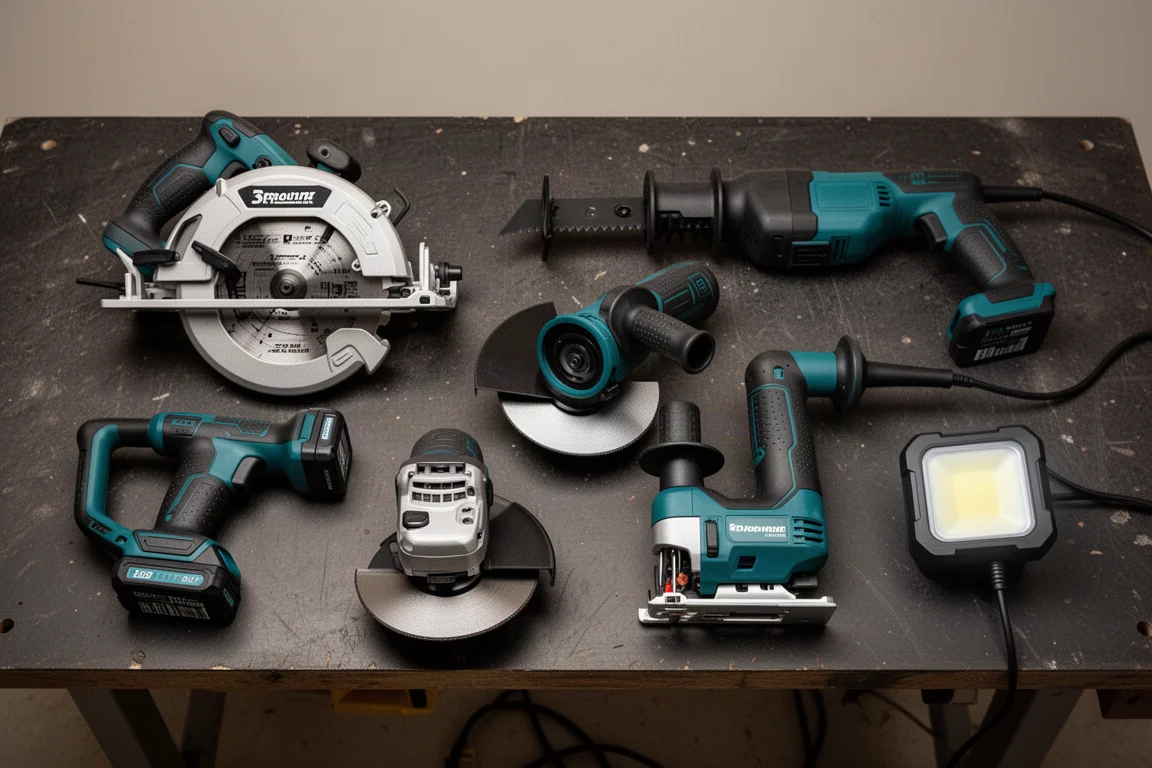 Plusieurs outils électriques sans fil disposés sur un établi d'atelier