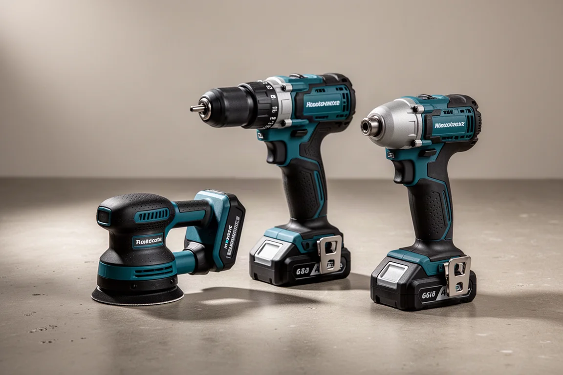 Three Makita cordless power tools arranged on a concrete workshop floor