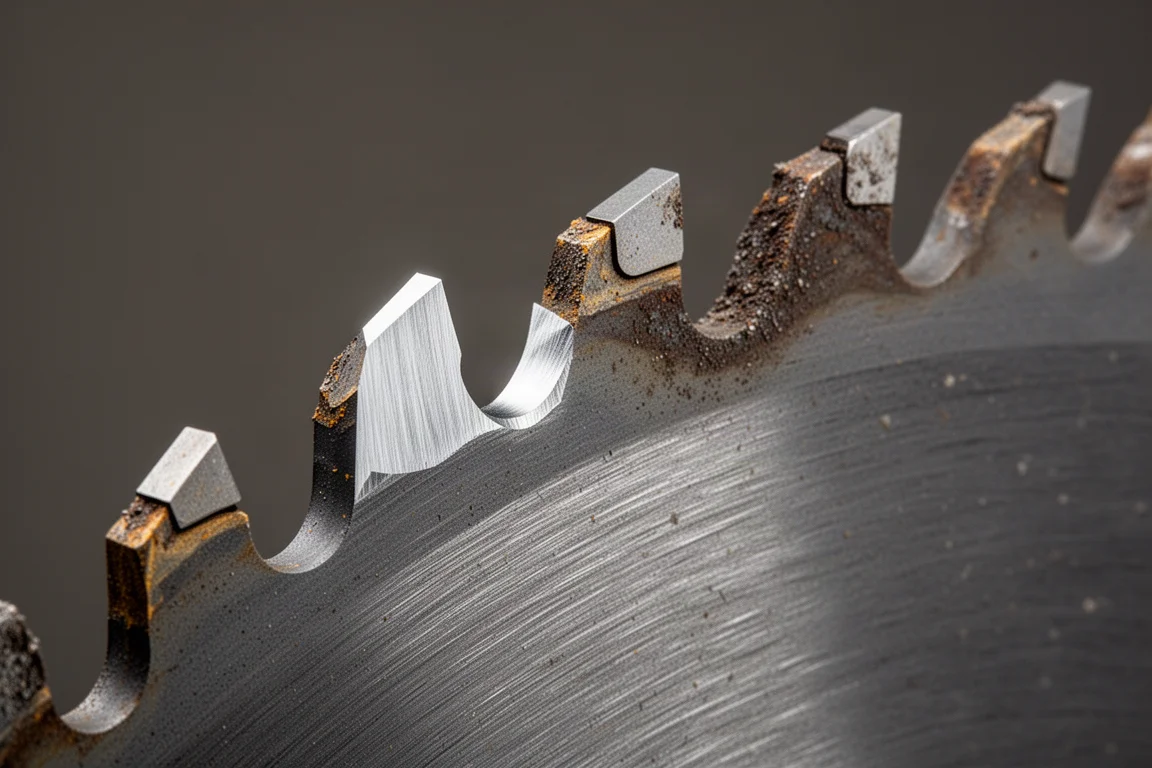 Denti di una lama da segno affilata che appaiono puliti e lucidi dopo un passaggio sull'affilatrice