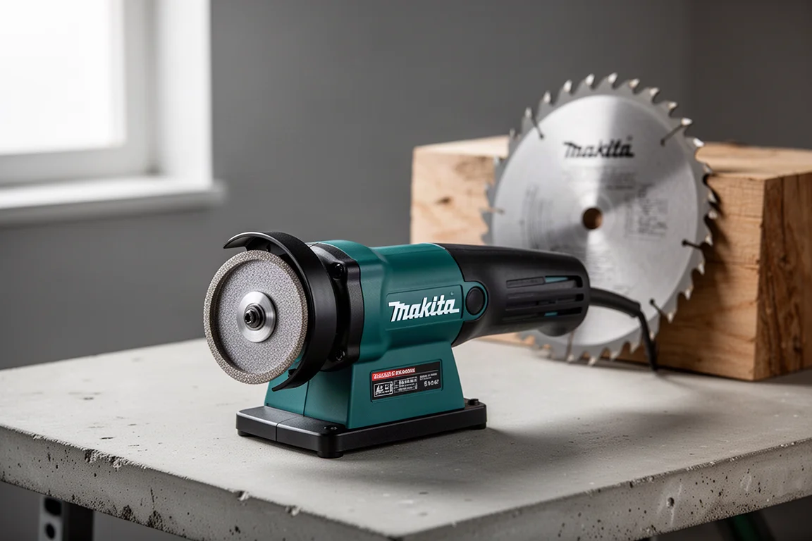 Green Makita blade sharpener on a workbench with a circular saw blade nearby
