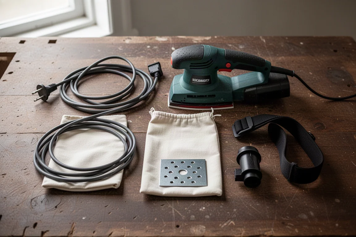 Uppackad slipmaskin med sladd, dammpåse, stansplatta och rem