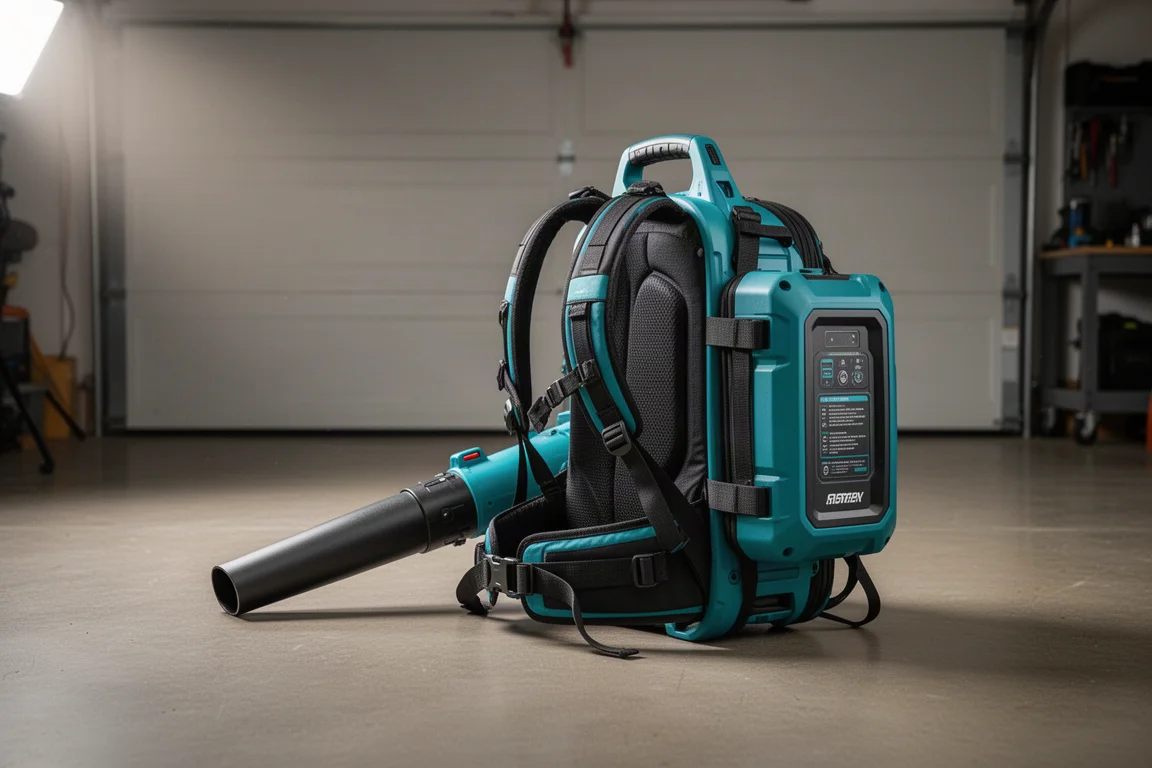 Makita CB4 backpack blower with battery pack standing on a concrete workshop floor