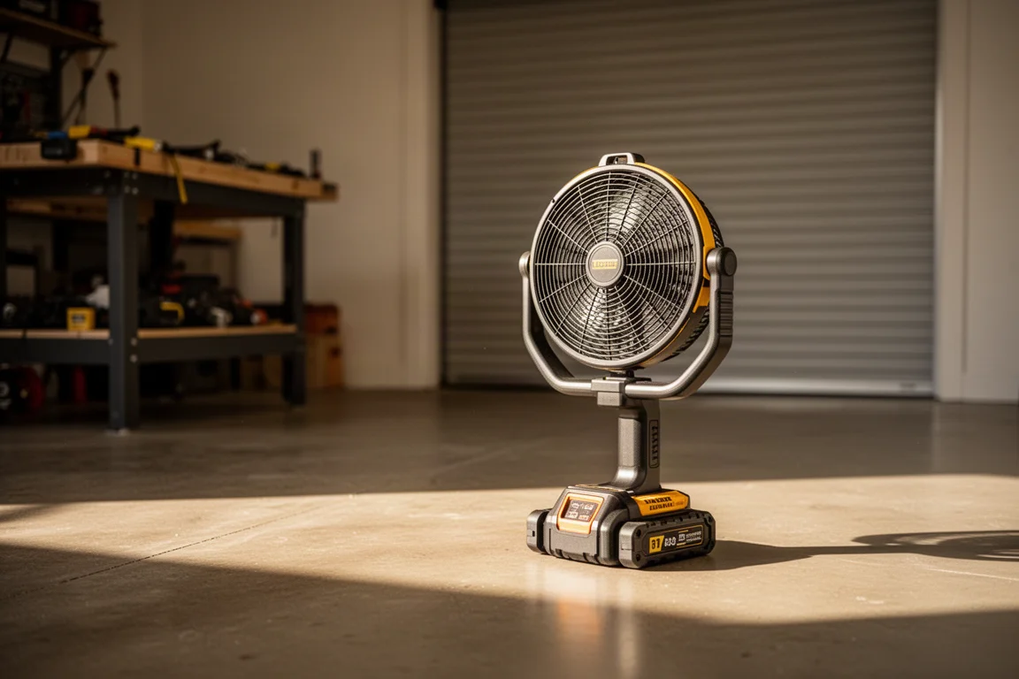 Ventilador portátil de obra de pie sobre el suelo de hormigón del taller con la batería instalada
