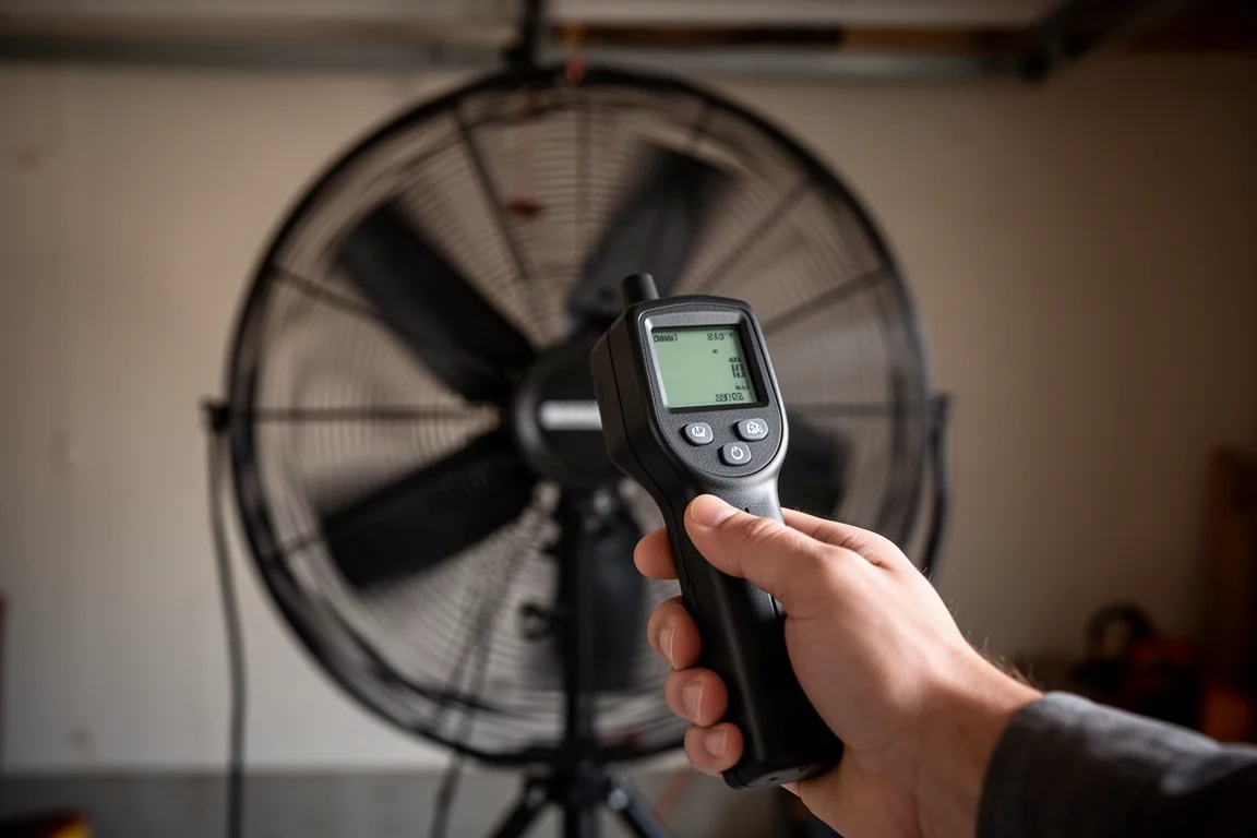 Prueba con medidor de flujo de aire mostrando la velocidad del aire medida frente a un ventilador en funcionamiento