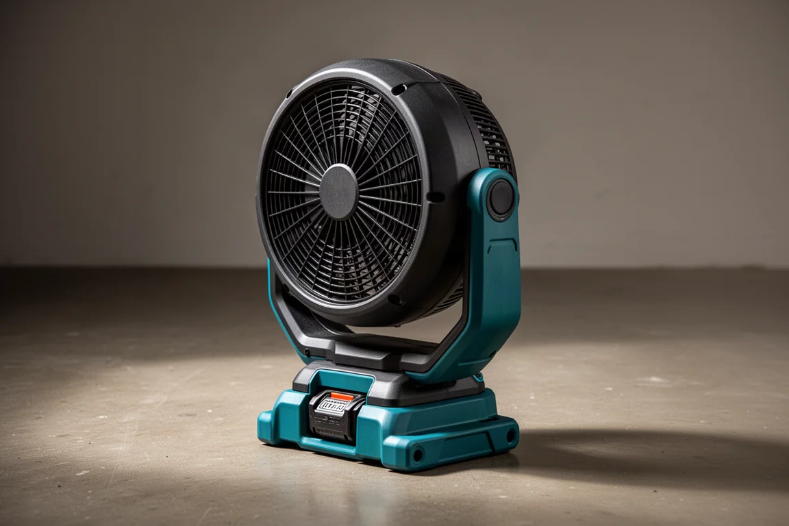 Makita 40V XGT cordless job site fan on a concrete workshop floor