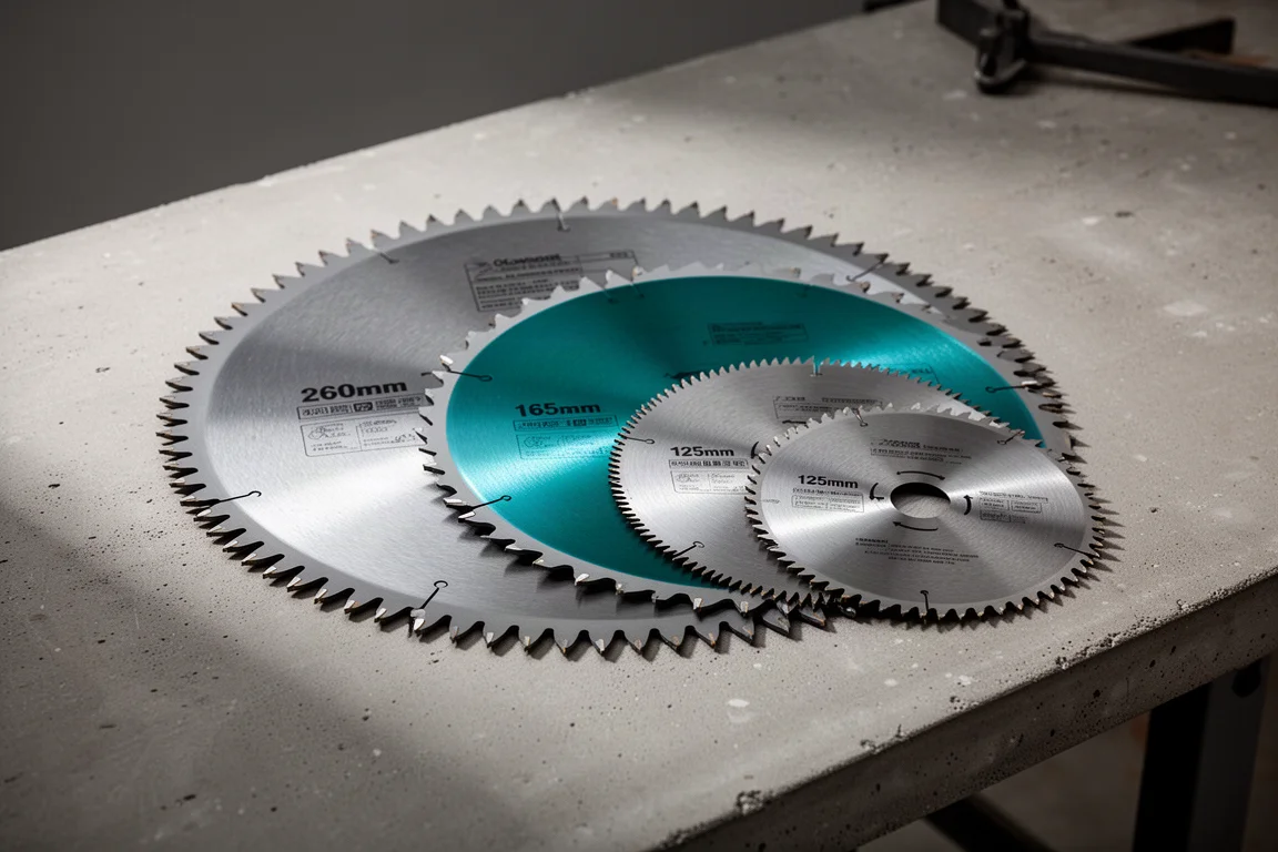 Circular saw blades of various sizes fanned out on a concrete workbench