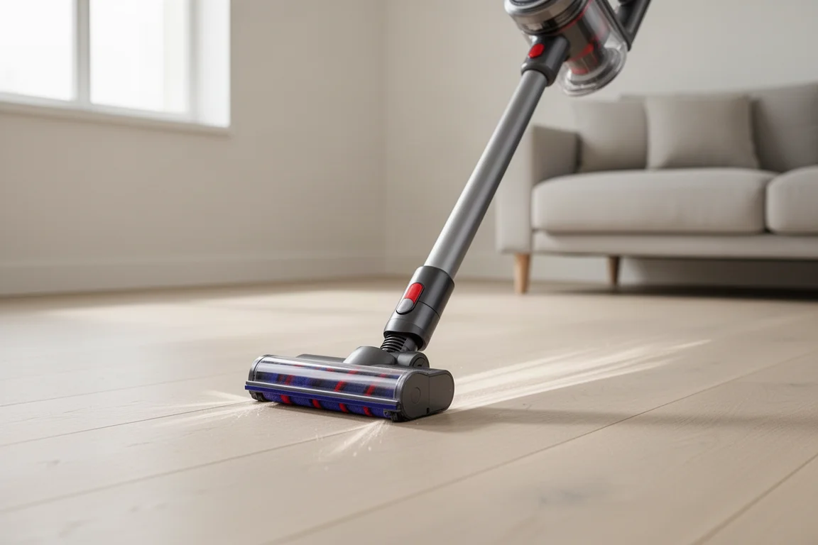 Cordless stick vacuum gliding across a wooden floor in a bright home