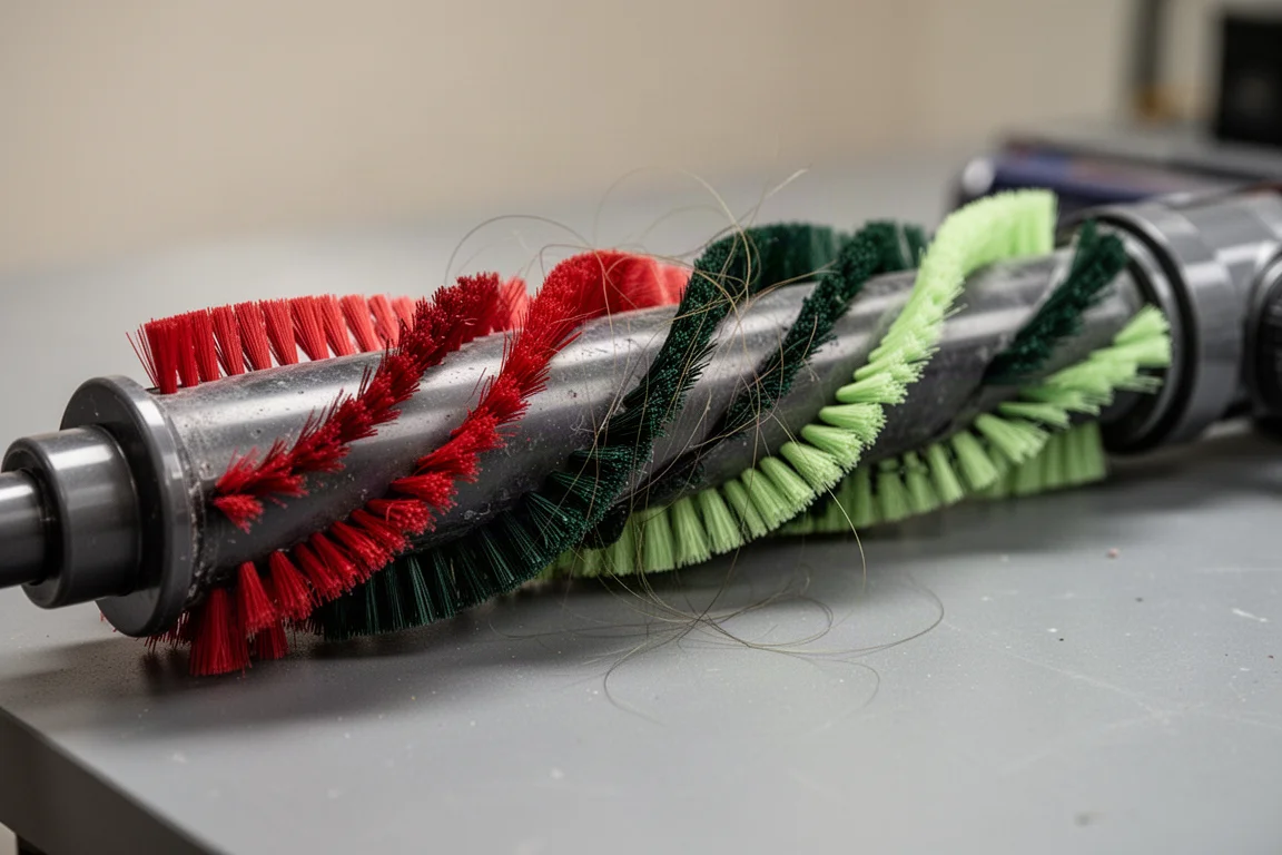 Close-up of vacuum brush bristles and long hair tangled around the roller