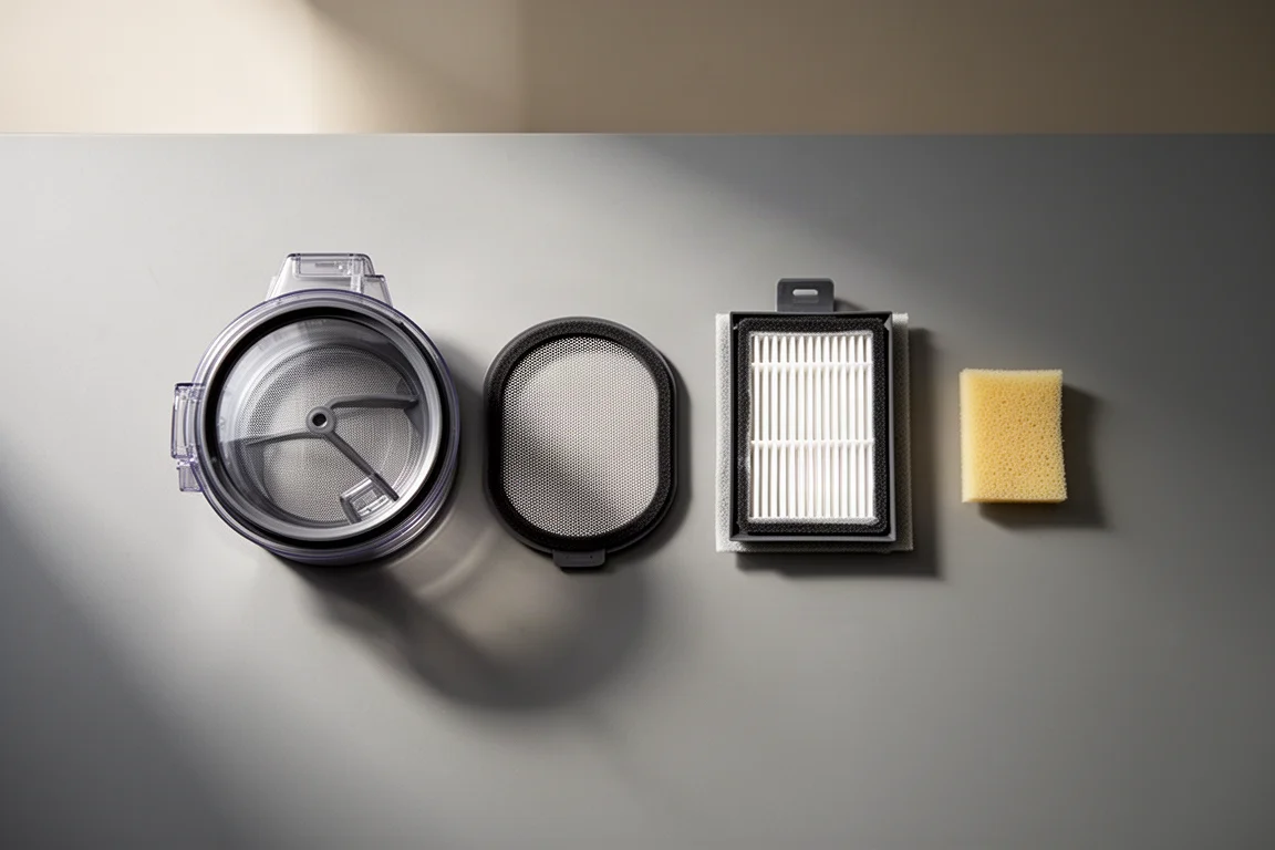 Disassembled vacuum dust canister with layered filters laid out on a bench