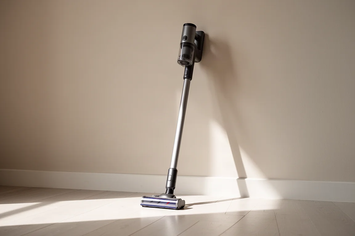 Stick vacuum leaning against a wall on its rubberized foot