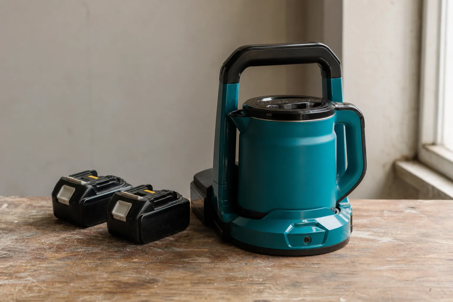 Makita kettle with two large batteries on wooden work surface
