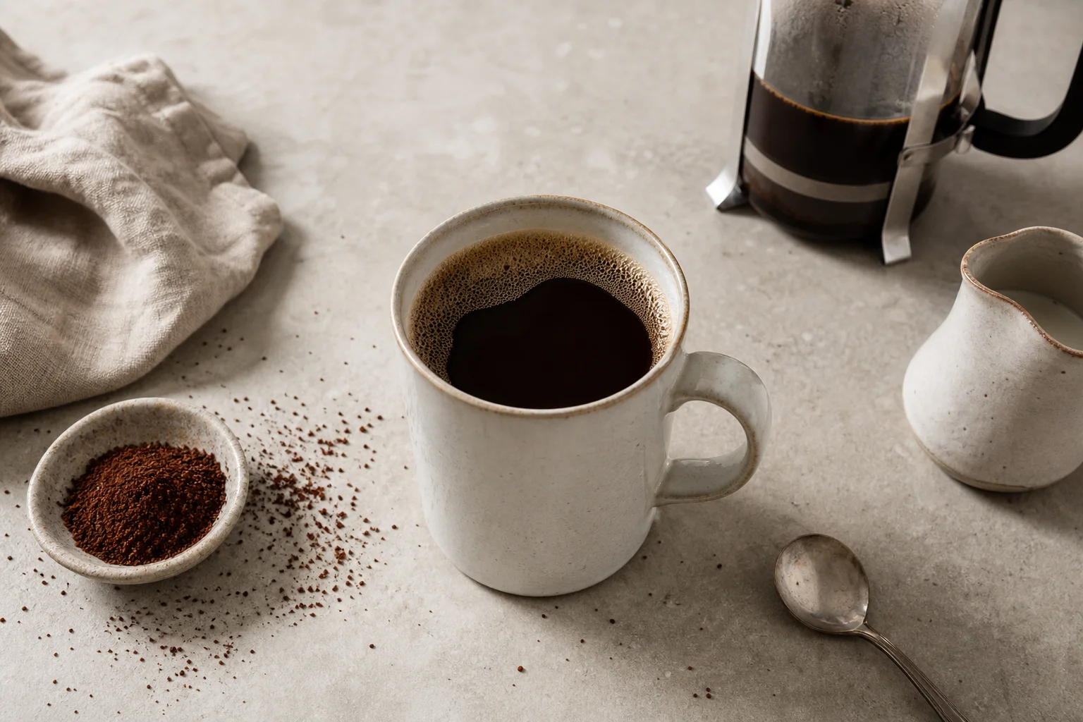 Freshly brewed coffee in mug with brewing equipment on concrete surface