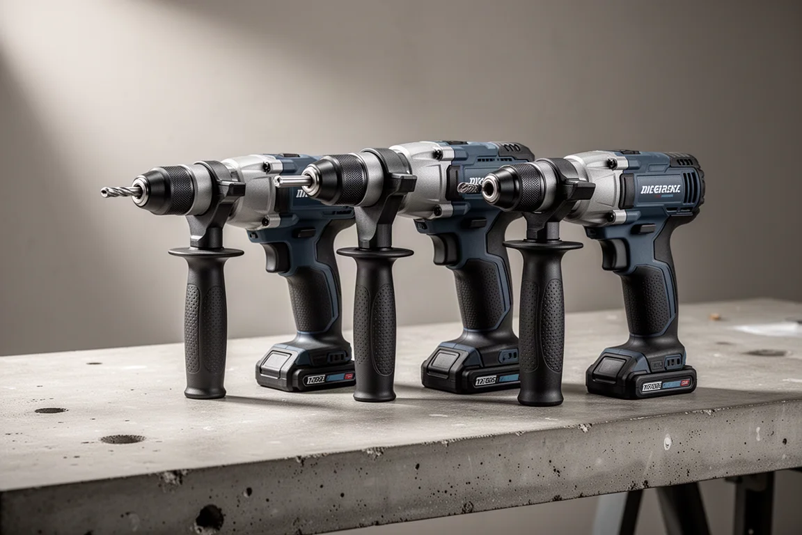 Three Makita compact rotary hammers side by side on a concrete workbench