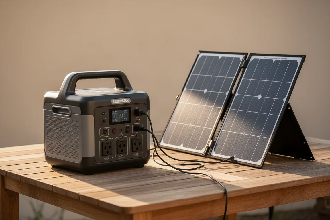 便攜式電源站在戶外環境連接太陽能板